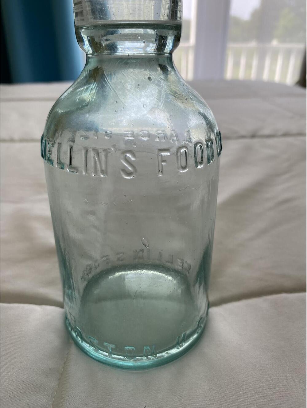 Antique Mellin’s Food Co Boston Large Size Aqua Glass Bottle Blown Tooled Lip